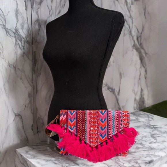 Ethnic Boho Large Clutch Suede Wristlet Bag Handmade Embroidery Tassels Indi NEW - Picture 13 of 16